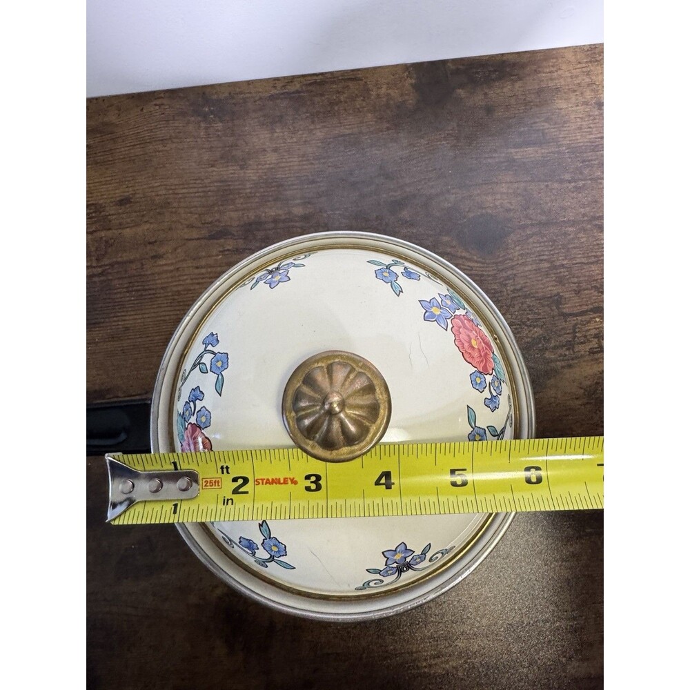Vintage White Enamel And Floral Sauce Pot With Lid Whimsy Kitchen Cookware Pan - Picture 6 of 11
